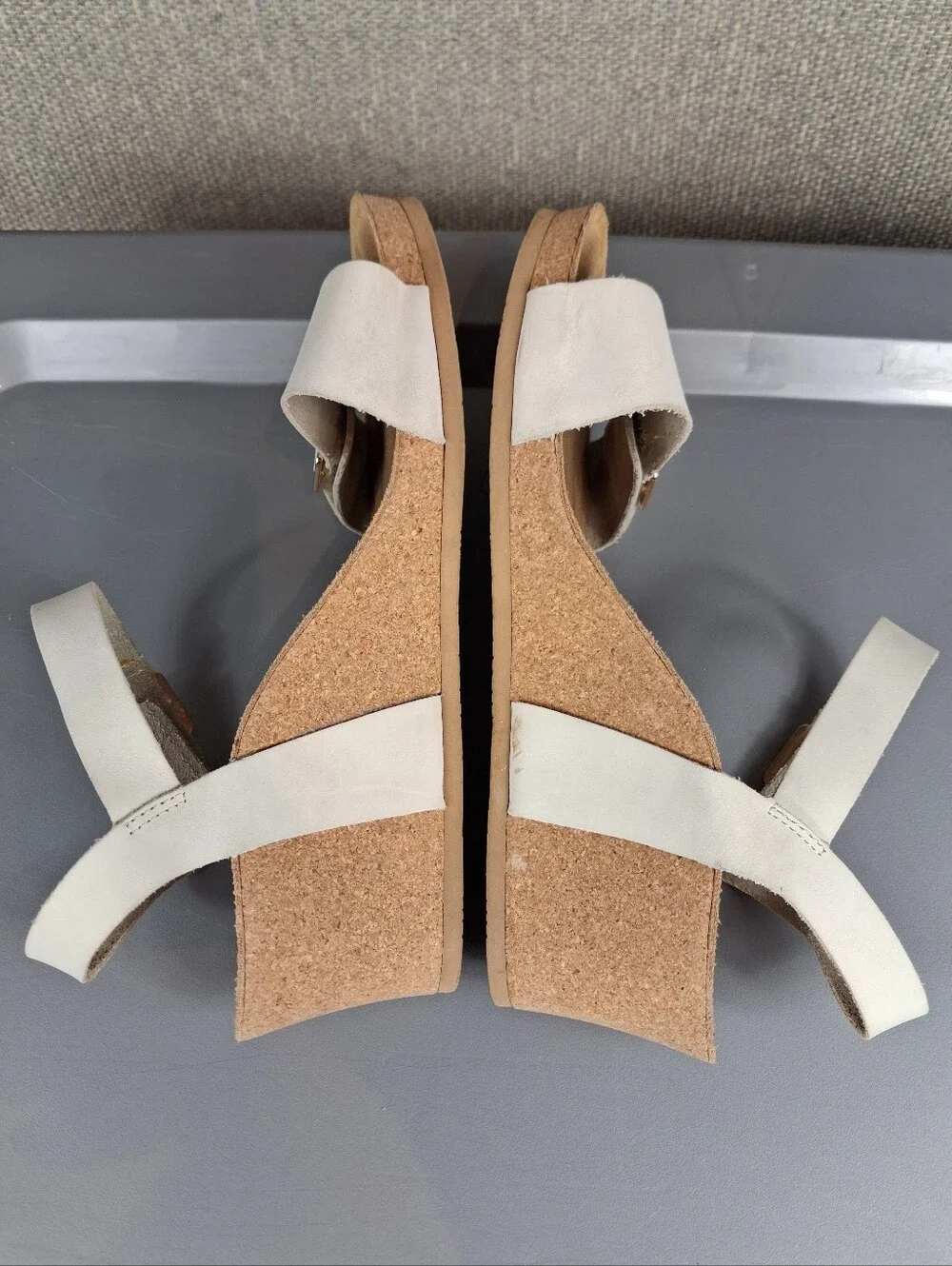 Aetrex Lexa Quarter Strap Cork Wedge Sandals Ivory Leather Built-in Orthotic